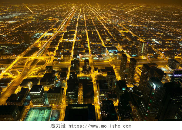 俯拍城市夜景道路灯光繁华美好未来